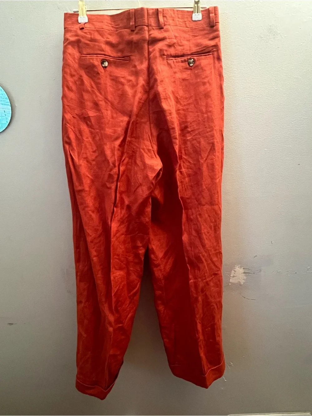 INSERCH Mens Vintage 100% Linen Pants Size 32 Burnt Orange Cuffs Pockets Pleats